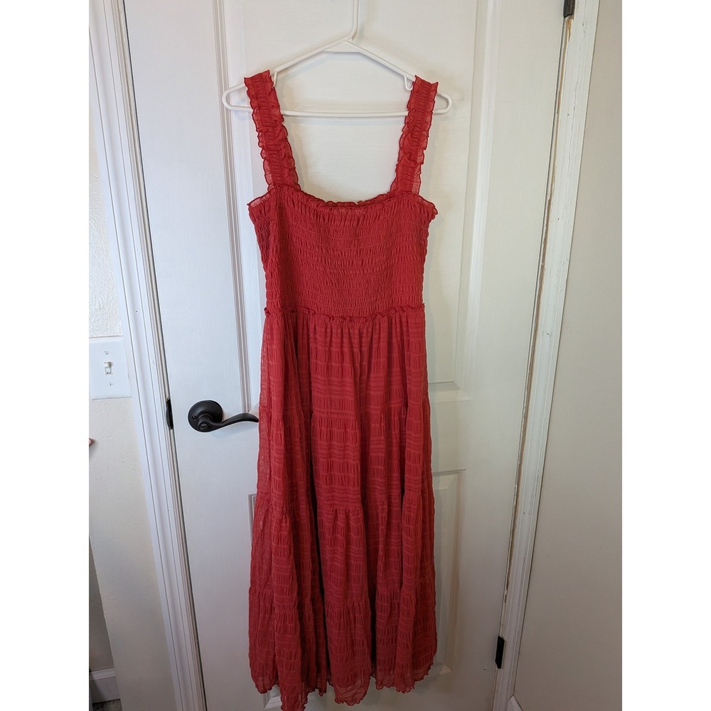 Max Studio Women Coral Red Smocked Tiered Midi Dress Ruffle Strap‎ Size L